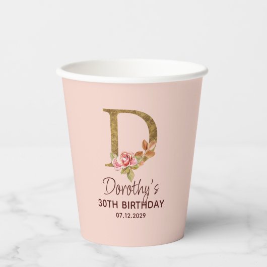 Buchstabe D Gold Monogramm Blush Rosa Rosen Pappbecher (Vorderseite)