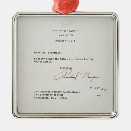 Buchstabe der Resignation von Richard M. Nixon Silbernes Ornament (Vorne)