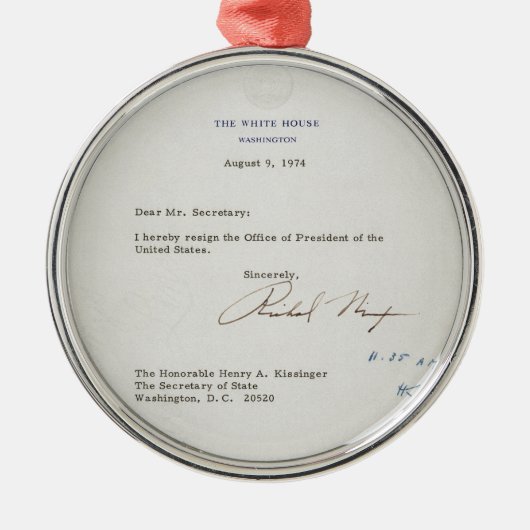 Buchstabe der Resignation von Richard M. Nixon Silbernes Ornament (Vorne)