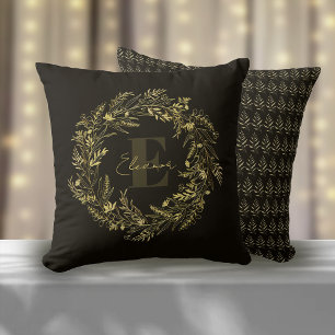 Buchstabe E Elegantes goldenes Blatt-Monogramm Kissen
