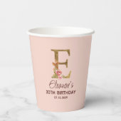 Buchstabe E Gold Monogramm Blush Rosa Rosen Pappbecher (Rückseite)