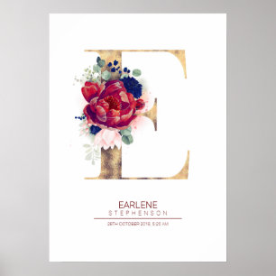 Buchstabe E Monogramm floral navyblau und burgunde Poster