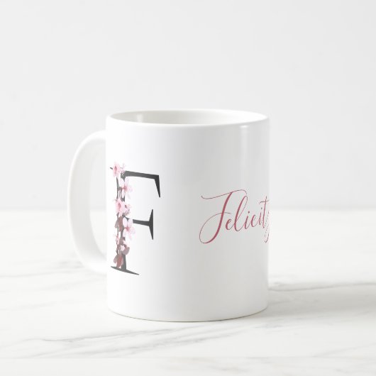 Buchstabe F, Cherry Blossom | Monogramm-Skriptname Kaffeetasse (Vorderseite Links)