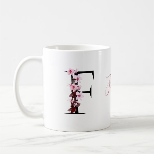 Buchstabe F, Cherry Blossom | Monogramm-Skriptname Kaffeetasse (Links)