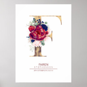 Buchstabe F Monogramm Floral Marineblau und Burgun Poster