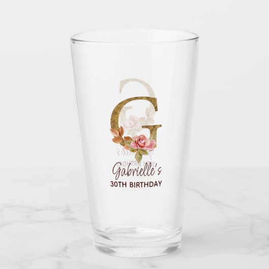 Buchstabe G Gold Monogramm Blush Rosa Rosen Glas (Vorderseite)