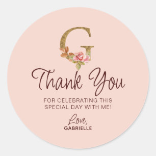 Buchstabe G Gold Monogramm Blush Rosa Rosen Runder Aufkleber