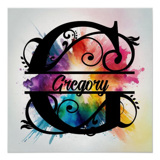 Buchstabe 'G', helle Regenbogenmonogramm, Name der Poster (Vorderseite)