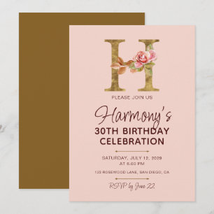 Buchstabe H Gold Monogramm Blush Rosa Rosen Einladung