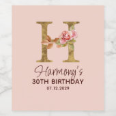 Buchstabe H Gold Monogramm Blush Rosa Rosen Weinetikett (Einzelnes Label)