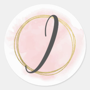Buchstabe I Monogramm Blush Rosa Wasserfarbe Gold  Runder Aufkleber
