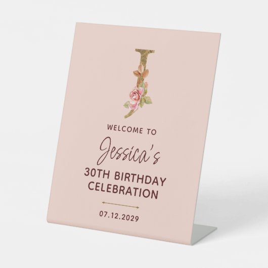 Buchstabe J Gold Monogramm Blush Rosa Rosen Schild (Vorderseite)