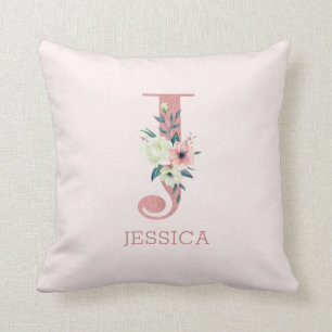 Buchstabe J Rosa Wasserfarbe Florales Monogramm Ki Kissen
