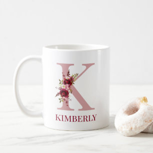 Buchstabe K Burgunder Schimmer Blumenmuster Kaffeetasse