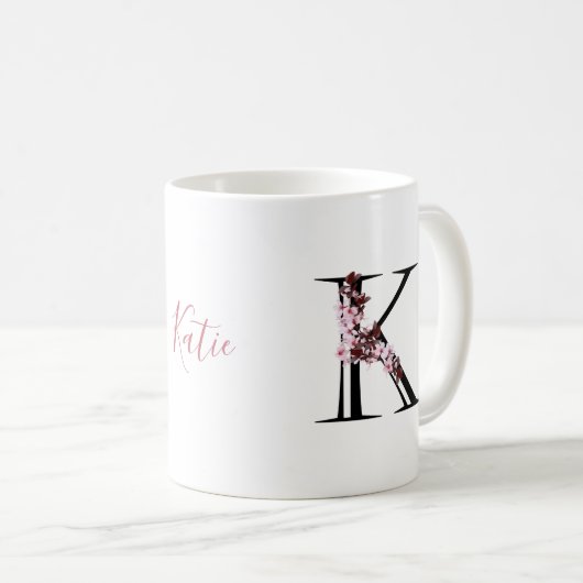 Buchstabe K, Cherry Blossom | Monogramm-Skriptname Kaffeetasse (VorderseiteRechts)
