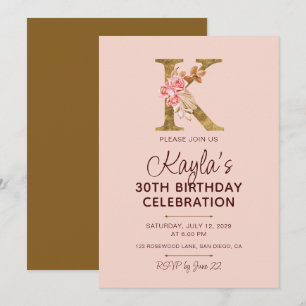 Buchstabe K Gold Monogramm Blush Rosa Rosen Einladung