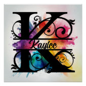 Buchstabe 'K', helle Regenbogenmonogramm, Name der Poster (Vorderseite)