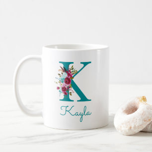 Buchstabe K Türkis Rosa Blumenmuster Kaffeetasse