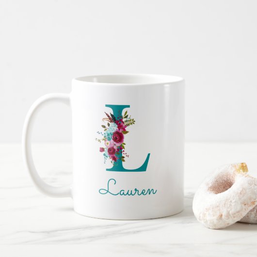 Buchstabe L Aquamarin rosa Kaffeetasse (Mit Donut)