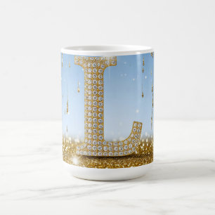 Buchstabe L auf goldenem Glitter-Hintergrund mit f Kaffeetasse