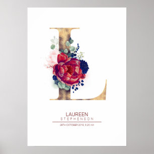 Buchstabe L Monogramm Floral Navyblau und Burgund Poster