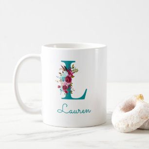 Buchstabe L Türkis Rosa Floral Kaffeetasse