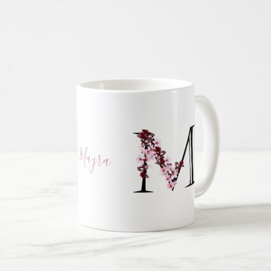 Buchstabe M, Cherry Blossom | Monogramm-Skriptname Kaffeetasse (VorderseiteRechts)