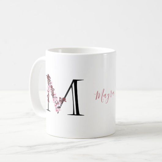 Buchstabe M, Cherry Blossom | Monogramm-Skriptname Kaffeetasse (Vorderseite Links)