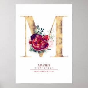 Buchstabe M Monogramm Floral Burgunderrot und Gold Poster