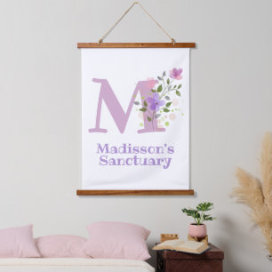 Buchstabe M plus Vorname mit Blumenmuster Wandteppich Mit Holzrahmen