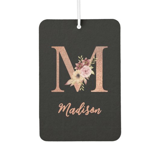 Buchstabe M Rosafarben Glitter Blumenmonogramm Autolufterfrischer (Vorderseite)