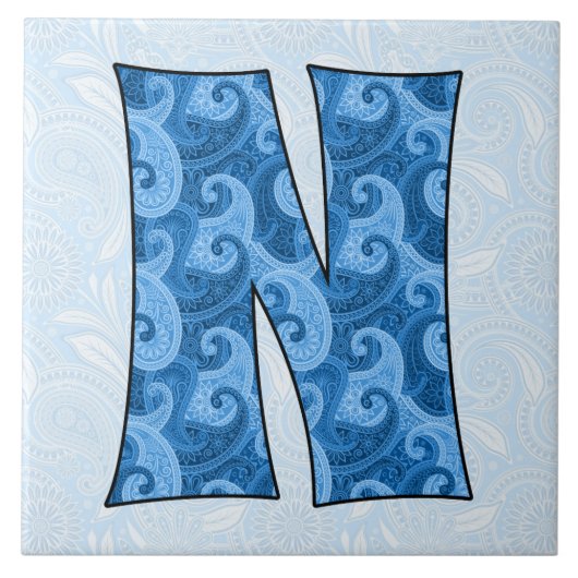 Buchstabe N - Mit Monogramm Blue Paisley Fliese (Vorderseite)