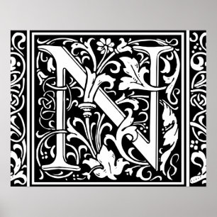 Buchstabe N Mittelalterliches Monogramm Vintage In Poster