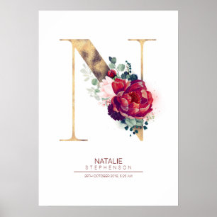 Buchstabe N Monogramm Floral Burgunderrot und Gold Poster