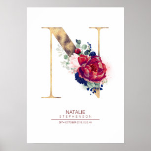 Buchstabe N Monogramm floral navyblau und burgunde Poster