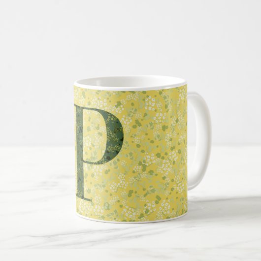 Buchstabe P hellgelbe und dunkelgrüne Freiheit Kaffeetasse (VorderseiteRechts)