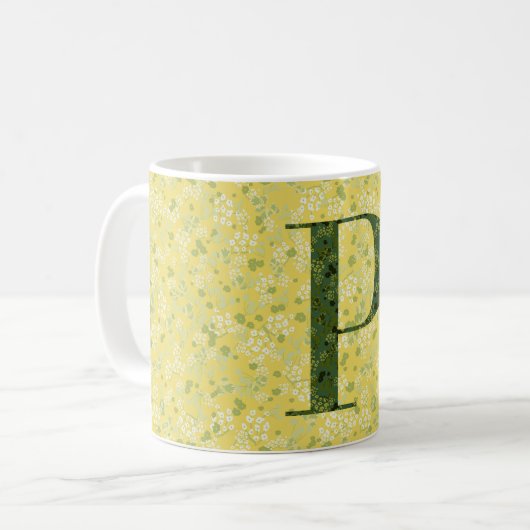 Buchstabe P hellgelbe und dunkelgrüne Freiheit Kaffeetasse (Vorderseite Links)