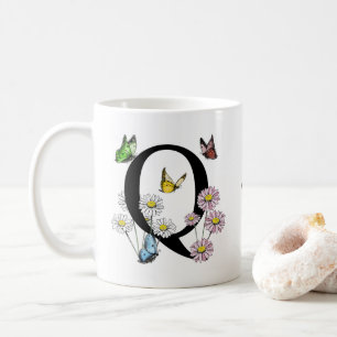Buchstabe Q Florales Schmetterlings-Monogramm Init Kaffeetasse