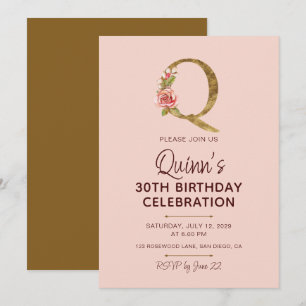 Buchstabe Q Gold Monogramm Blush Rosa Rosen Einladung
