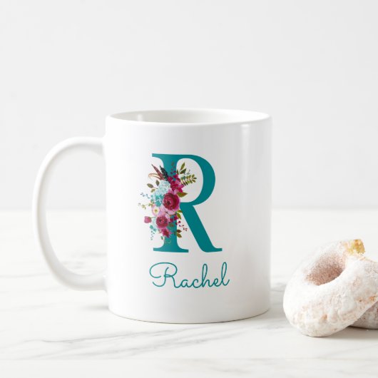 Buchstabe R Aquamarin rosa Kaffeetasse (Mit Donut)