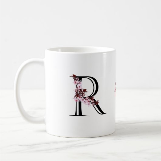 Buchstabe R, Cherry Blossom | Monogramm-Skriptname Kaffeetasse (Links)