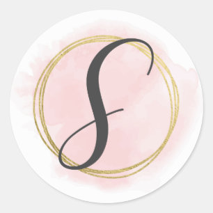 Buchstabe S Monogramm Blush Rosa Wasserfarbe Gold Runder Aufkleber
