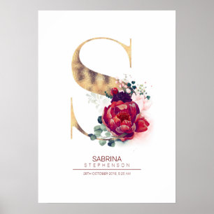 Buchstabe S Monogramm Floral Burgunderrot und Gold Poster
