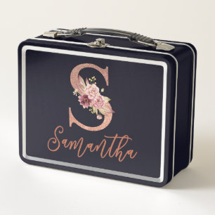 Buchstabe S Rosafarben Glitter Blumen-Monogramm  Metall Brotdose
