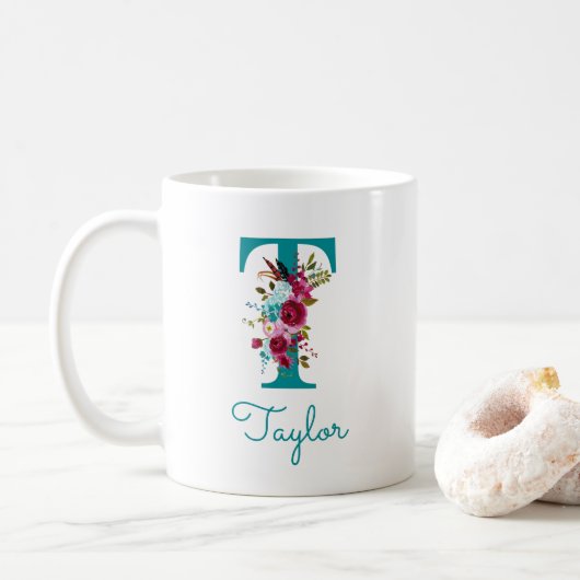 Buchstabe T Aquamarin rosa Kaffeetasse (Mit Donut)