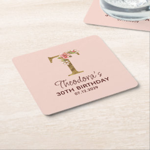 Buchstabe T Gold Monogramm Blush Rosa Rosen Rechteckiger Pappuntersetzer