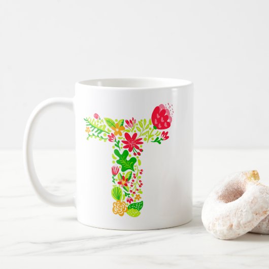 Buchstabe T in Blume Kaffeezubereitung Tasse (Mit Donut)