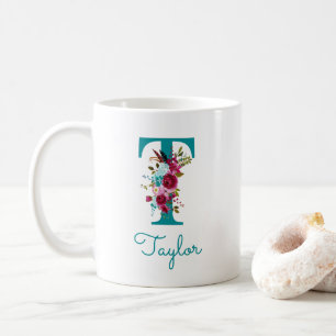 Buchstabe T Türkis Rosa Blumenmuster Kaffeetasse