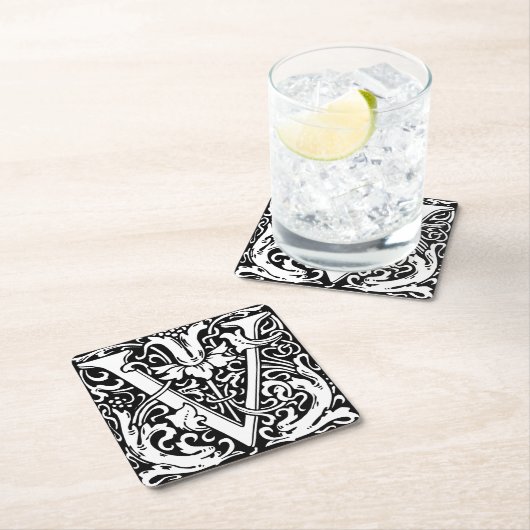 Buchstabe V Mittelalterliches Monogramm Jugendstil Rechteckiger Pappuntersetzer (Vor Ort)