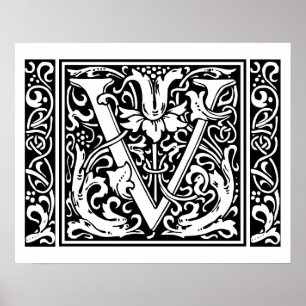 Buchstabe V Mittelalterliches Monogramm Vintage In Poster